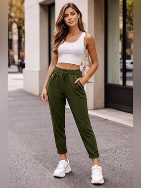 Women's Olive Green Jogger Pants with Zip Detail